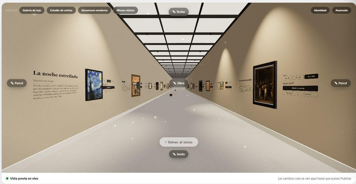 InGallery visual editor: style presets and wall, ceiling, floor and artwork controls over the live gallery view