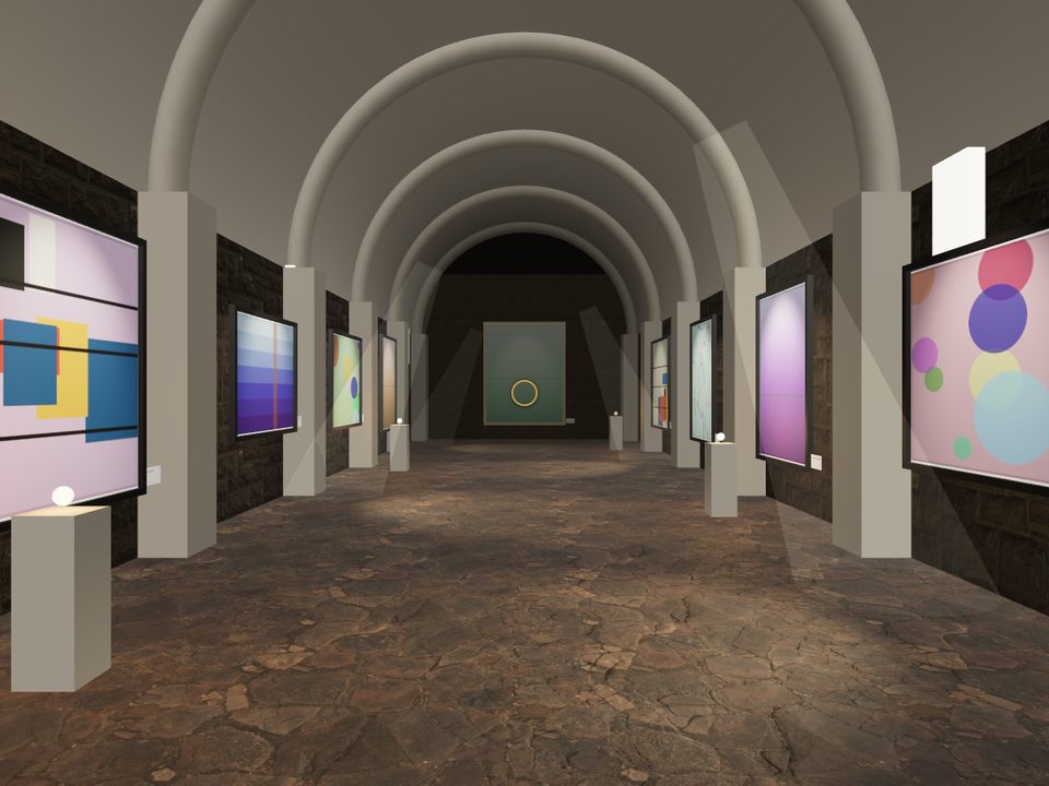InGallery Crypt space: a barrel vault with artworks on the walls